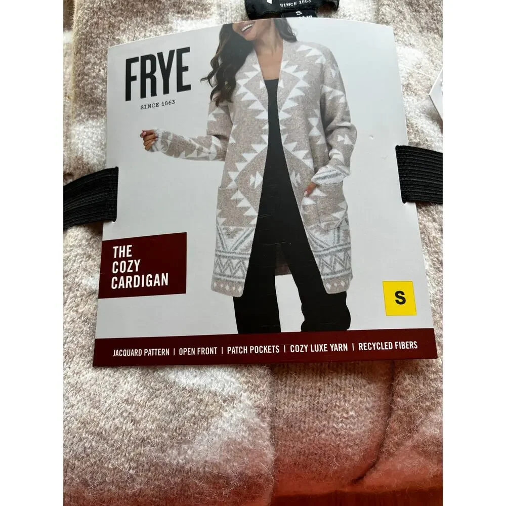 Frye Cozy Cardigan Southwestern Aztec Print Open Front NWT Tan White